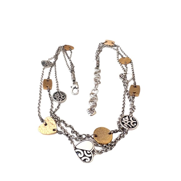 BRIGHTON 3 Chain Heart Necklace 2 Tone Hammered Gold Silver - Picture 2 of 6